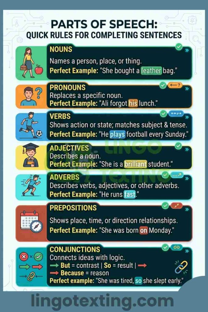 Parts of Speech in Completing Sentence Rules
