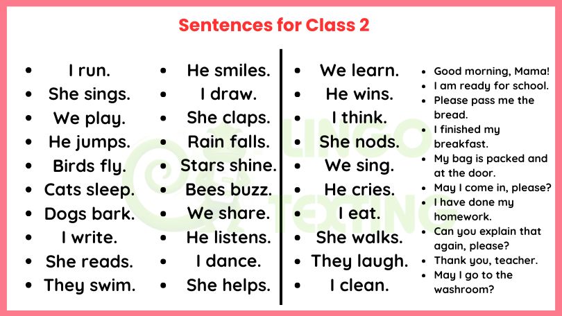 Sentences for Class 2: Easy Examples, Practice and Exercises