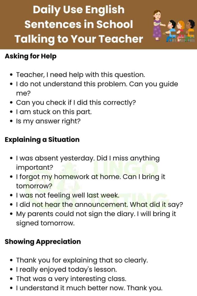 Daily Use English Sentences in School Talking to Your Teacher