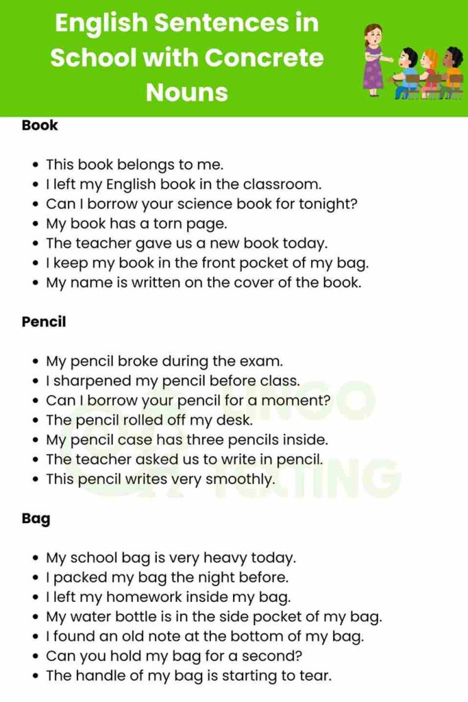 English Sentences in School with Concrete Nouns