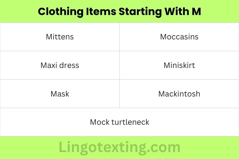 Clothing Items Starting With M